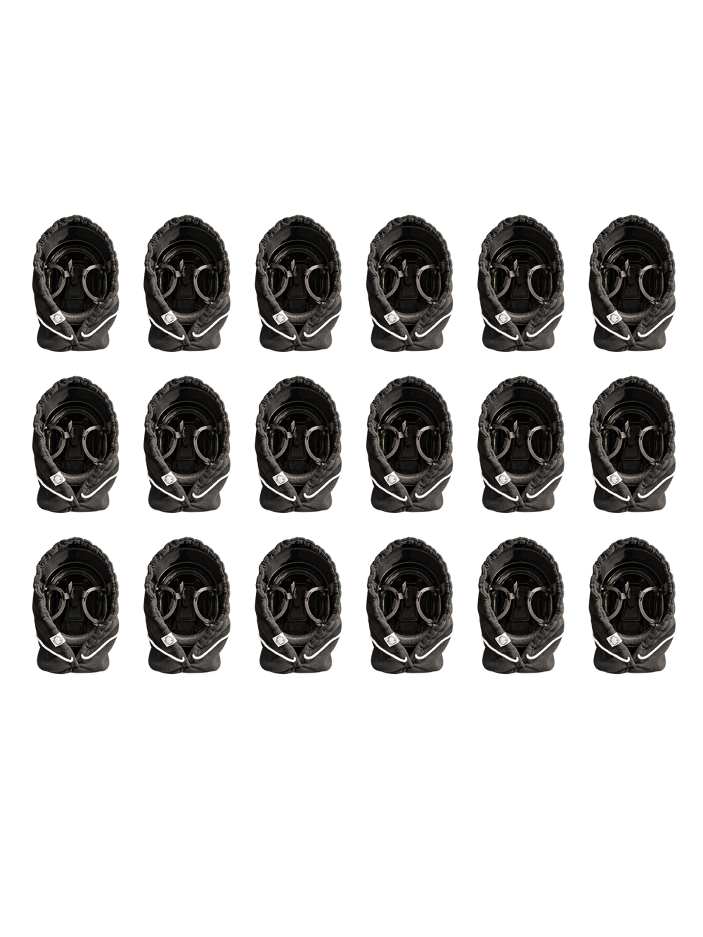 Eighteen black Bucket Hoods arranged in three rows of six on a transparent background