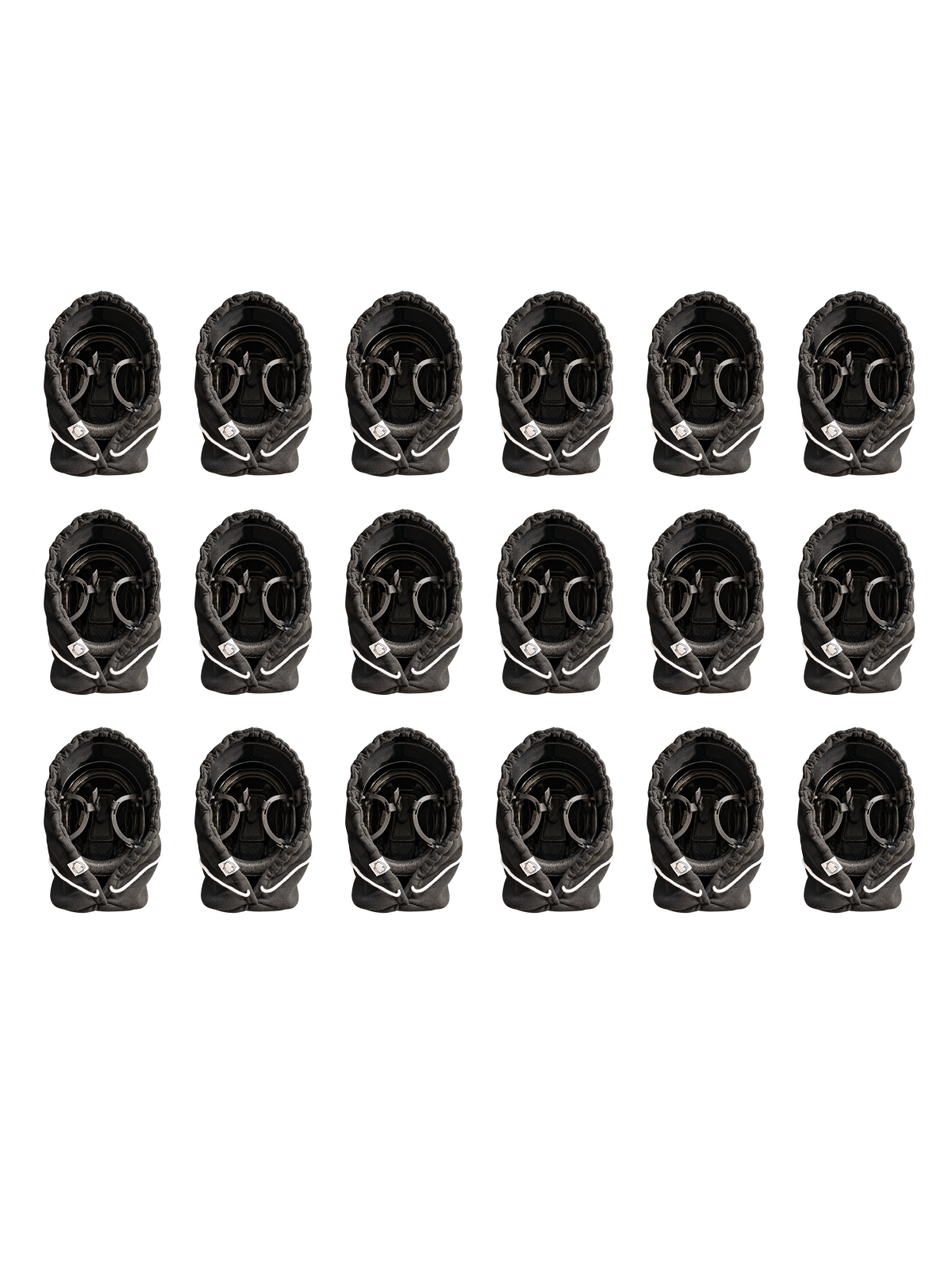Eighteen black Bucket Hoods arranged in three rows of six on a transparent background